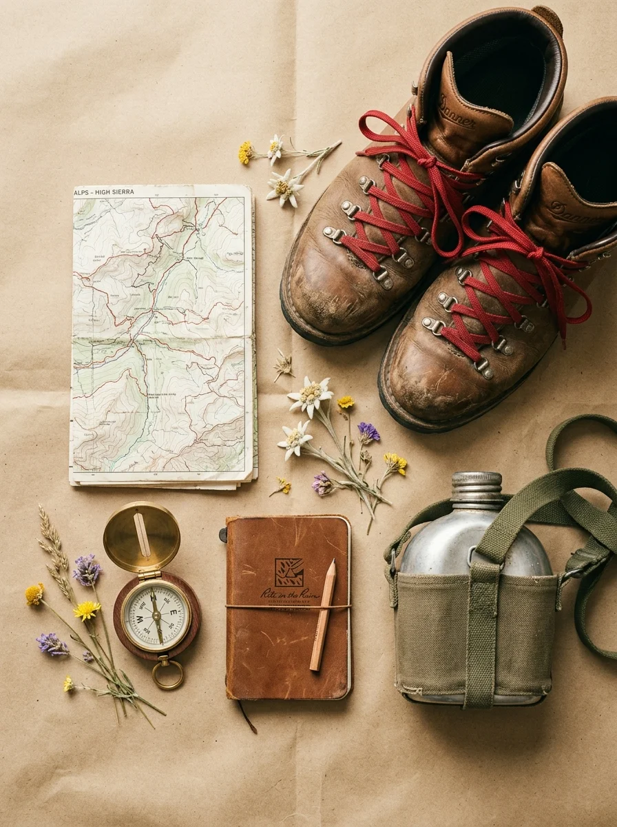 Hiking gear flat lay: boots, map, compass, notebook