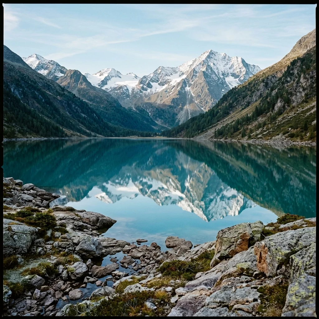 Turquoise alpine lake with peak reflection
